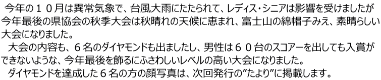 今年の10月は異常気象で、台風大雨にたたられて、レディス・シニアは影響を受けましたが 今年最後の県協会の秋季大会は秋晴れの天候に恵まれ、富士山の綿帽子みえ、素晴らしい 大会になりました。 大会の内容も、6名のダイヤモンドも出ましたし、男性は60台のスコアーを出しても入賞が できないような、今年最後を飾るにふさわしいレベルの高い大会になりました。 ダイヤモンドを達成した6名の方の顔写真は、次回発行の”たより”に掲載します。