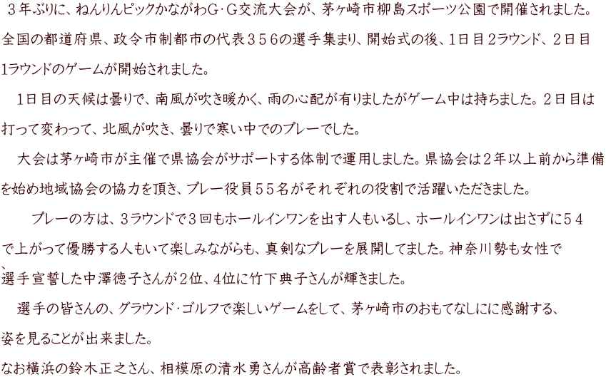  ３年ぶりに、ねんりんピックかながわＧ・Ｇ交流大会が、茅ヶ崎市柳島スポーツ公園で開催されました。  全国の都道府県、政令市制都市の代表３５６の選手集まり、開始式の後、１日目２ラウンド、２日目  １ラウンドのゲームが開始されました。  　１日目の天候は曇りで、南風が吹き暖かく、雨の心配が有りましたがゲーム中は持ちました。２日目は  打って変わって、北風が吹き、曇りで寒い中でのプレーでした。  　大会は茅ヶ崎市が主催で県協会がサポートする体制で運用しました。県協会は２年以上前から準備  を始め地域協会の協力を頂き、プレー役員５５名がそれぞれの役割で活躍いただきました。  　　プレーの方は、３ラウンドで３回もホールインワンを出す人もいるし、ホールインワンは出さずに５４  で上がって優勝する人もいて楽しみながらも、真剣なプレーを展開してました。神奈川勢も女性で 、 選手宣誓した中澤徳子さんが２位、4位に竹下典子さんが輝きました。  　選手の皆さんの、グラウンド・ゴルフで楽しいゲームをして、茅ヶ崎市のおもてなしにに感謝する、  姿を見ることが出来ました。  なお橫浜の鈴木正之さん、相模原の清水勇さんが高齢者賞で表彰されました。