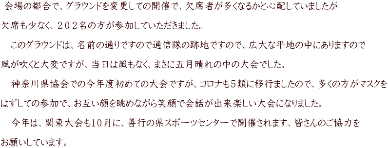  会場の都合で、グラウンドを変更しての開催で、欠席者が多くなるかと心配していましたが  欠席も少なく、２０２名の方が参加していただきました。 　 　このグラウンドは、名前の通りですので通信隊の跡地ですので、広大な平地の中にありますので  風が吹くと大変ですが、当日は風もなく、まさに五月晴れの中の大会でした。  　神奈川県協会での今年度初めての大会ですが、コロナも５類に移行ましたので、多くの方がマスクを  はずしての参加で、お互い顔を眺めながら笑顔で会話が出来楽しい大会になりました。 　 　今年は、関東大会も１０月に、善行の県スポーツセンターで開催されます、皆さんのご協力を  お願いしています。