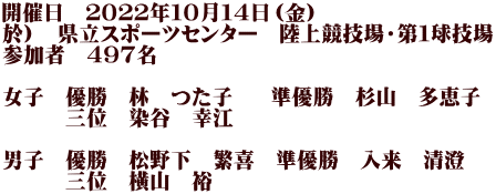 開催日　２０２２年１０月１４日（金） 於）　県立スポーツセンター　陸上競技場・第１球技場 参加者　497名  女子　優勝　林　つた子  　準優勝　杉山　多恵子 　　　三位　染谷　幸江  男子　優勝　松野下　繁喜　準優勝　入来　清澄 　　　三位　横山　裕