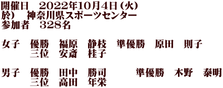 開催日　２０２２年１０月４日（火） 於）　神奈川県スポーツセンター 参加者　３２８名  女子　優勝　福原　静枝　準優勝　原田　則子 　　　三位　安斎　桂子  男子　優勝　田中　勝司　　　準優勝　木野　泰明 　　　三位　高田　年栄　　