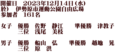 開催日　２０２３年１２月1４日（水） 於）　伊勢原市運動公園自由広場 参加者　１６１名  女子　優勝　佐野　静江　　準優勝　津教子 　　　三位　浅尾　美枝  男子　優勝　船山　弘　　準優勝　越地　晃 　　　三位　原　洪　