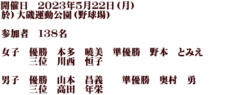 開催日　２０２３年５月２２日（月） 於）大磯運動公園（野球場）  参加者　１３８名  女子　優勝　本多　曉美　準優勝　野本　とみえ 　　　三位　川西　恒子  男子　優勝　山本　昌義　　準優勝　奥村　勇　　　 　　　三位　高田　年栄　