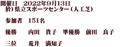 開催日　２０２２年９月１３日   於）県立スポーツセンター（人工芝）      参加者　１５１名     優勝　　内田　貴子　準優勝　前田　良子　    三位　　荒井　満知子